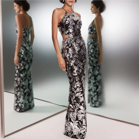 Robe Maxi Licou À Paillettes Broderie Fleurs Argentées Taille Évidée Dos Nu À Lacets Maille Pour Femmes