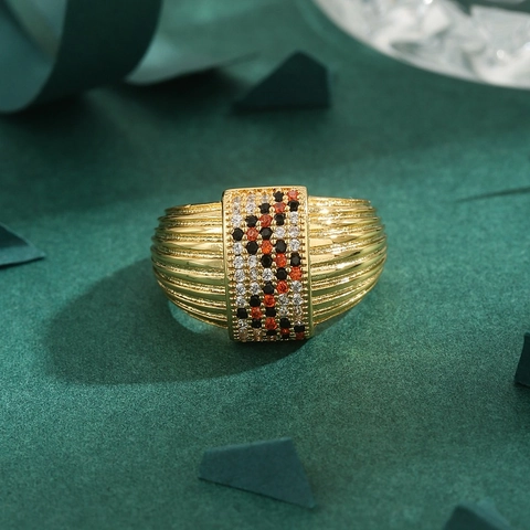 French Grosgrain Texture Copper Gold Inlaid Multicolor Rhinestone Open Ring Vintage Fashion Geometric Rectangular Finger Ring For Women