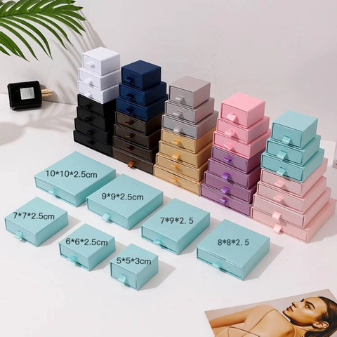 Jewelry Gift Box Drawer Style Cardboard Packaging With Ribbon Pull And Sponge For Ring Necklace Earring Storage Colorful