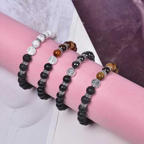 Bracciale Di Perle In Pietra Naturale Albero Della Vita Occhio Di Tigre Pietra Lavica Agata Gioielli Elastici Donna Uomo