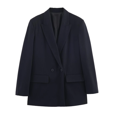 Women Blazer Pinstripe Double Breasted Peak Lapel Polyester Office Business Casual Long Sleeve Fashion Jacket Coat