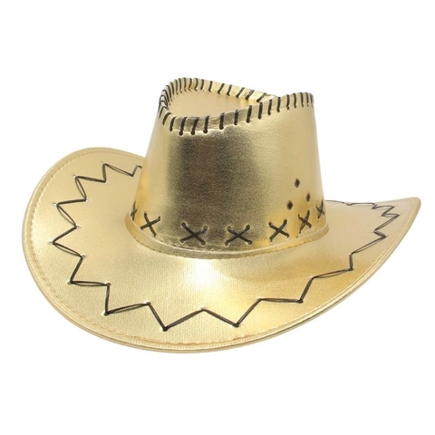 Metallic PU Leather Cowboy Hat Wide Brim Western Style For Party Stage Performance With Cross Stitching And Wind Rope