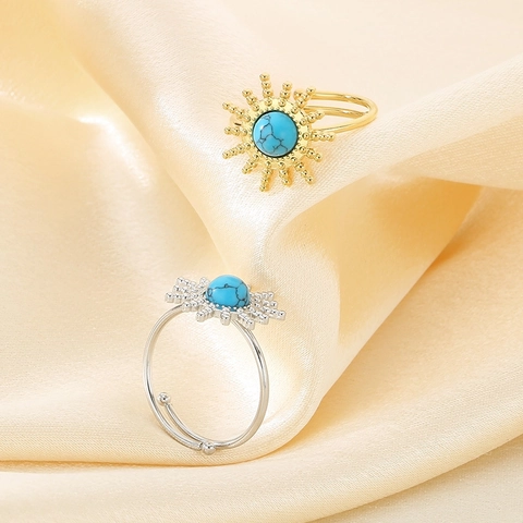 Anillo Ajustable Acero Inoxidable Turquesa Girasol Retro Francés Vintage Bohemio Diseño Abierto Joyería Para Mujeres