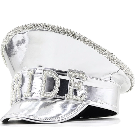 Shiny Mirror PU Leather Captain Hat With Artificial Pearls Rhinestones Bachelorette Party Wedding Bridal Festival Military Style