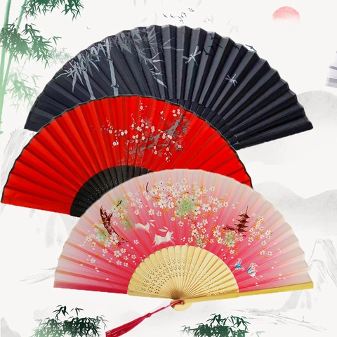 Chinese Style Folding Hand Fan Bamboo Frame Fabric Surface With Tassel For Dancing Wedding Performance Party Decor