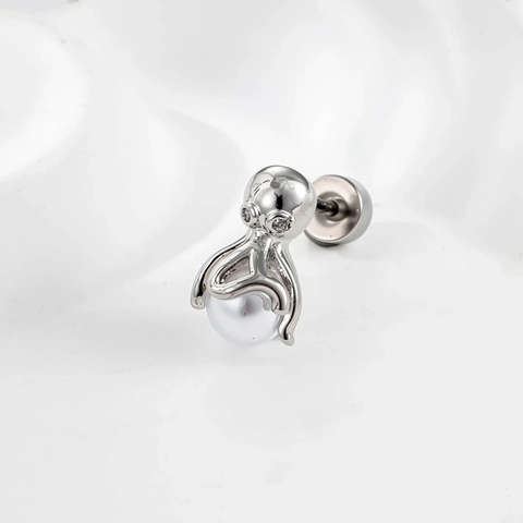 Octopus Artificial Pearl Cartilage Earring Stud Titanium Steel Copper Zircon Screw Back Piercing Jewelry For Women Niche Design