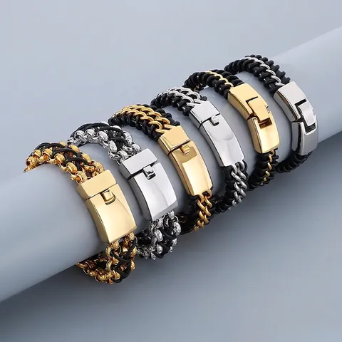 Herren Geflochtenes Lederarmband Mit 316L Edelstahlverschluss Punk Geometrisches Muster Retro Armreif