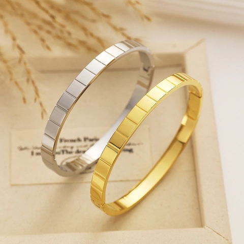 Geometric Bangle Bracelet Stainless Steel 18K Gold Plated Grid Square Pattern High Polished Minimalist Jewelry For Women