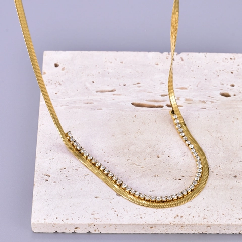 Collar de Doble Capa de Acero Inoxidable Hip Hop para Mujer Cadena de Hueso de Serpiente Chapada en Oro con Diamantes