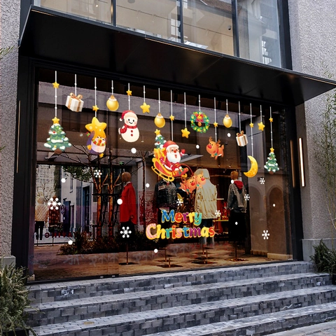 Christmas Window Stickers Static Cling PVC Removable Cartoon Santa Claus Reindeer Snowman Holiday Home Glass Decoration