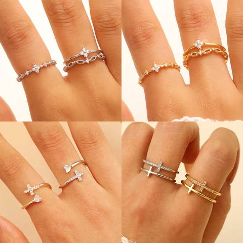 Anelli Aperti Regolabili Da Donna Rame Lega Croce Cuore Fiore Zirconia Gioielli Eleganti Minimalisti Di Lusso