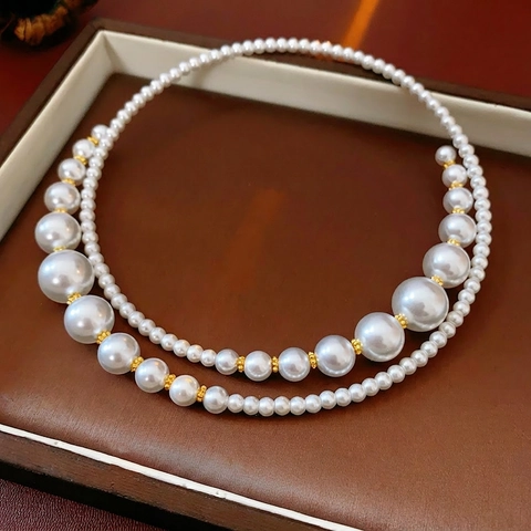 Gelaagde Kunstparel Choker Ketting Koper Verguld Verloop Kunstparels Sleutelbeen Ketting Franse Retro Stijl Voor Vrouwen