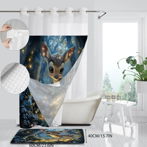Douchegordijn En Badmat Waterdicht Polyester Wafelstof Snap In Voering Magnetische Bodem Cartoon Dier Landschap