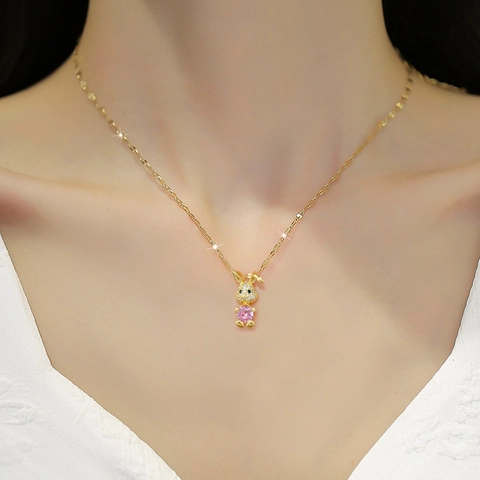 Collana Pendente Coniglio Rosa Acciaio Inossidabile Zirconia Placcato Oro Catena Clavicola Gioielli Da Donna