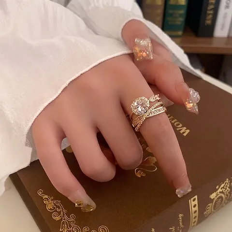 Anillo Abierto Cruzado Multicapa Con Circón Ovalado Cobre Chapado En Oro Ajustable Joyería Elegante Para Mujer Moda