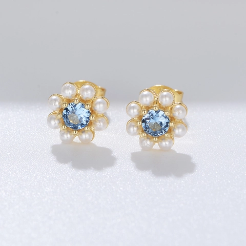 Orecchini a Bottone a Forma di Fiore in Argento Sterling 925 con Zirconia Blu e Perle Artificiali Intarsiate Gioielli Floreali da Donna