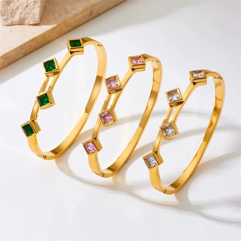 Bracelet Jonc En Acier Titane Luxe Incrusté De Zircon Carré Rétro Ouverture À Charnière Bijoux Mode Femmes