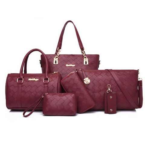 Women Woven Texture PU Leather Tote Handbag Shoulder Bag Wallet Cosmetic Bag And Key Pouch Fashion Commuter Versatile