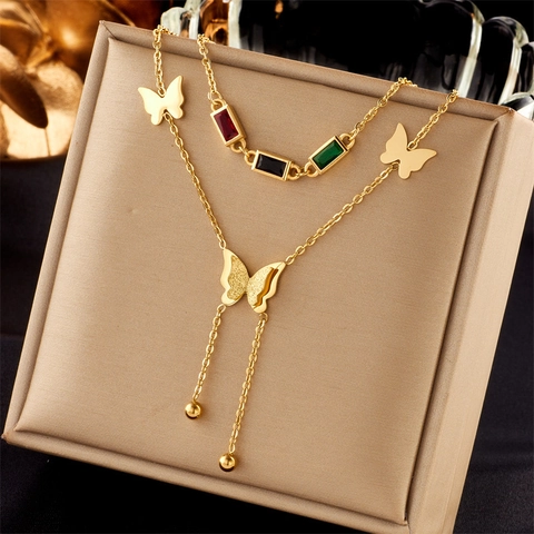 Collana a Strati in Oro Vintage Con Ciondolo a Farfalla e Nappina Strass Colorati Catena per Clavicola in Acciaio al Titanio Gioielli Donna