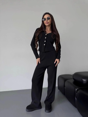 Completo In Maglia A Coste Cotone Donna Cardigan E Pantaloni Larghi Loungewear Streetwear Scollo A V Manica Lunga Abbottonato