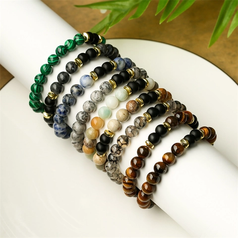 Natural Stone Beaded Bracelet Tiger Eye Turquoise Agate Amazonite Malachite Lava Rock Alloy Spacer Elastic Jewelry