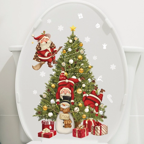 Autocollants De Toilette De Noël PVC Amovibles Père Noël Bonhomme De Neige Décalcomanies Salle De Bain Décoration De Maison