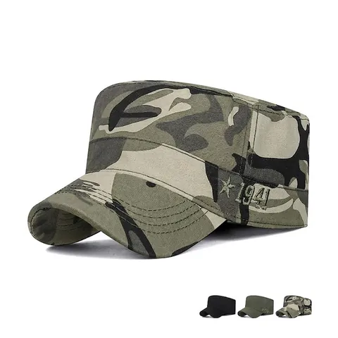 Herren Cadet Cap Baumwolle Canvas Flat Top Militär Mütze 1941 Sternstickerei Verstellbar Sonnenschutz Outdoor Sport Freizeit