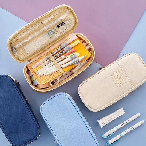 Large Capacity Canvas Pencil Case Multi Layer Expandable Stationery Storage Pouch Student School Office Supplies