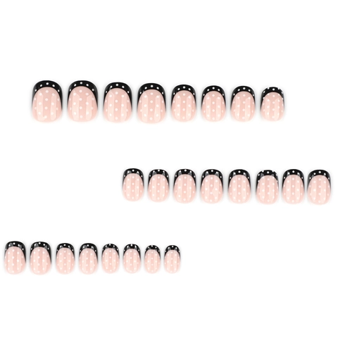 Faux Ongles Press On French Tip Noir Blanc À Pois Court Ovale Ongles Artificiels Manucure Élégant Rétro