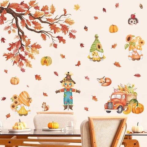 Autumn Window Clings PVC Static Stickers Thanksgiving Fall Gnomes Scarecrow Pumpkin Maple Leaf Truck Cartoon For Glass