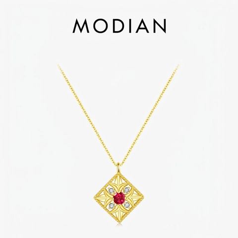 Vintage Hollow Square Pendant Necklace Red Ruby Zircon 925 Sterling Silver Gold Plated Geometric Elegant Jewelry Women