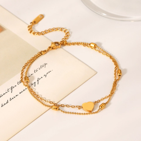 Mehrlagige Herz Anhänger Fußkette Edelstahl 18K Vergoldet Oval Perlenkette Trendiger Fußschmuck Für Damen