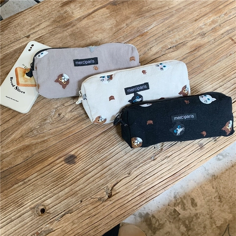 Kattenborduurwerk Etui Katoen Linnen Grote Capaciteit Briefpapier Pouch Make-Up Tas Japanse Stijl Student Office Organizer
