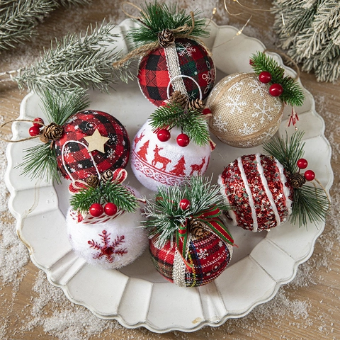 Christmas Tree Balls Ornaments Buffalo Plaid Fabric Foam Hanging Decoration With Pine Needles Cones Berries Rustic Vintage