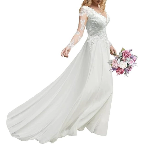 Spitzenapplikation Chiffon Hochzeitskleid Lange Ärmel V-Ausschnitt Rückenfrei Brautkleid Elegant Lange Schleppe Elfenbein