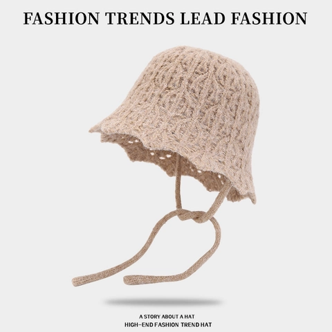 Chapeau Cloche Tricoté Polyester Bord Ondulé Avec Brides Ajouré Crochet Chaud Chapeau Pêcheur Femme