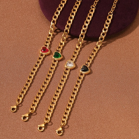 Pulsera Cadena Cubana Corazón Circón Acero Inoxidable Chapado Oro 18K Joyería Moda Mujer