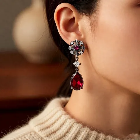 Vintage Palace Style Drop Earrings Copper Zircon Red Stone Hollow Flower Silver Earring Post Luxury For Women