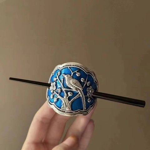 Vintage Chinese Style Hair Stick Blue Enamel Cloisonne Bird And Flower Pattern Wood Alloy Hairpin For Women
