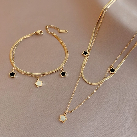 Stainless Steel Double Layered Star Necklace And Bracelet Gold Plated Elegant Trendy Fashion Accessory For Women