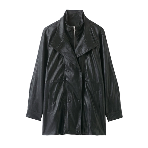 Women Black Leather Jacket Double Breasted Lapel French Retro Solid Color Long Sleeve Fashion Outerwear Coat