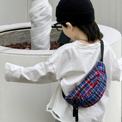 Nylon Plaid Kids Waist Bag Chest Crossbody Bag For Boys Girls Adjustable Belt Pack Cute Retro Fashion