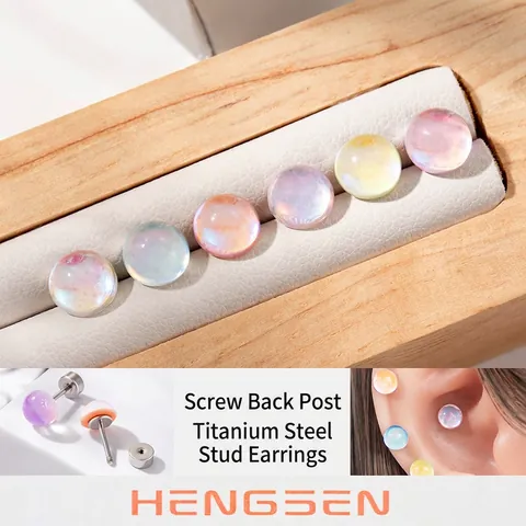 Iridescent Faux Moonstone Stud Earrings Titanium Steel Screw Back Helix Cartilage Piercing Jewelry Sweet Dreamy For Women