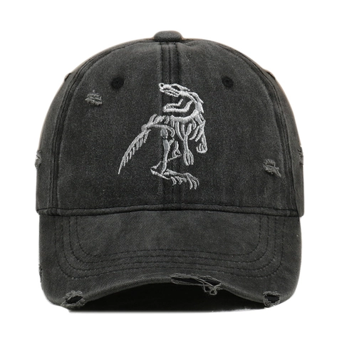Vintage Distressed Washed Cotton Baseball Cap With Dinosaur Skeleton Embroidery Ripped Streetwear Dad Hat For Men Women