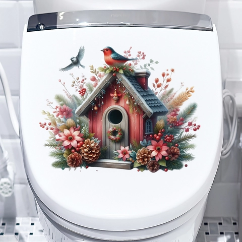 Christmas Toilet Seat Stickers PVC Waterproof Self Adhesive Winter Snow House Bird Flower Decals For Bathroom Home Decor