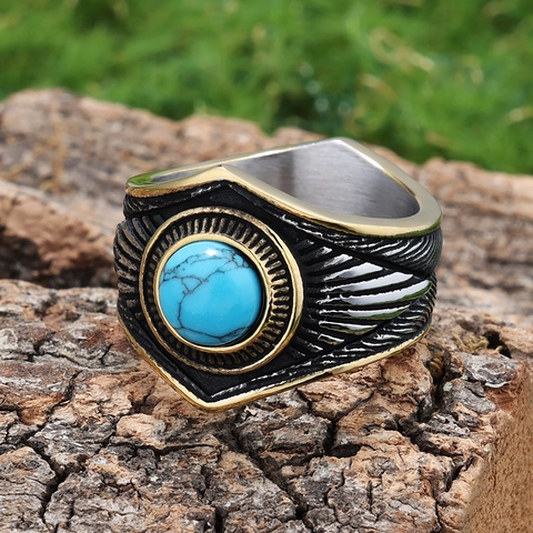 Heren Vintage Roestvrijstalen Ring Met Blauwe Turkoois Achtpuntige Ster Indiaanse Veer Gesneden Punk Sieraden