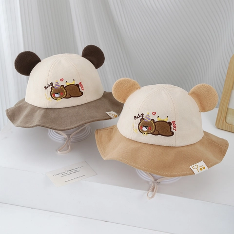 Cappello Da Pescatore Neonato Velluto A Coste Orecchie Orso Ricamate Antivento