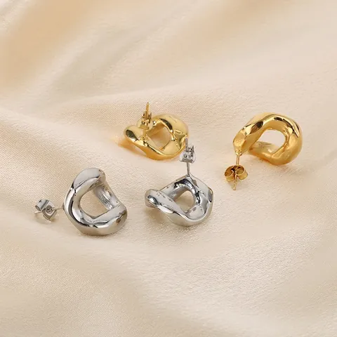 Pendientes De Botón Geométricos Irregulares Para Mujer Acero Inoxidable 316L Chapado En Oro 18K Textura Metal Líquido