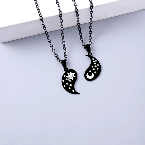 Collares Con Colgantes Combinados De Estrella Luna Sol Yin Yang Acero Inoxidable Negro Joyería Tai Chi Para Parejas