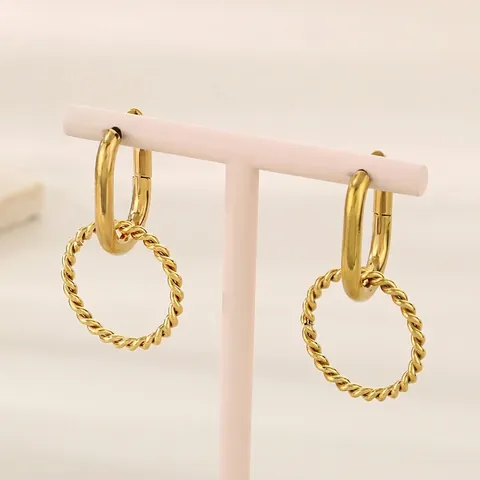 Edelstahl Gedrehte Creolen Minimalistisch Geometrisch Vergoldet Dual Ring Huggie Für Damen Modeschmuck